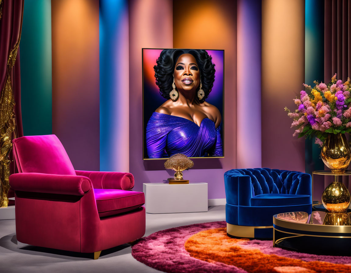 Luxurious and Vibrant Room with Pink Armchair and Smiling Woman Portrait