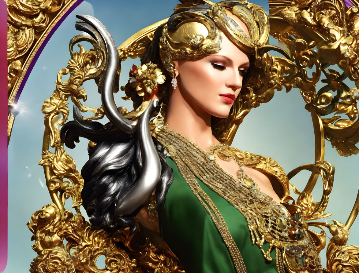 Regal woman in golden headgear and green dress with flowing hair, framed by ornate mirror