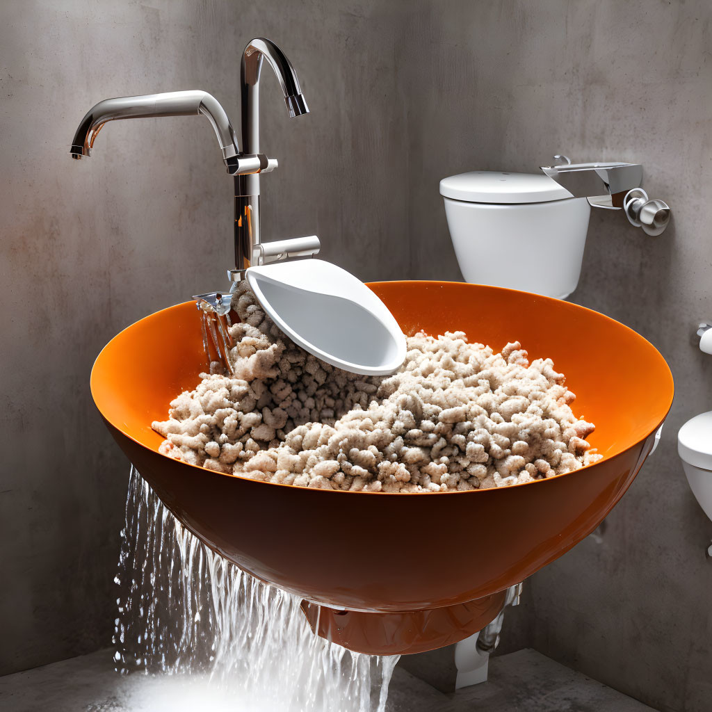 Orange Basin Overflowing with Suds in Modern Bathroom