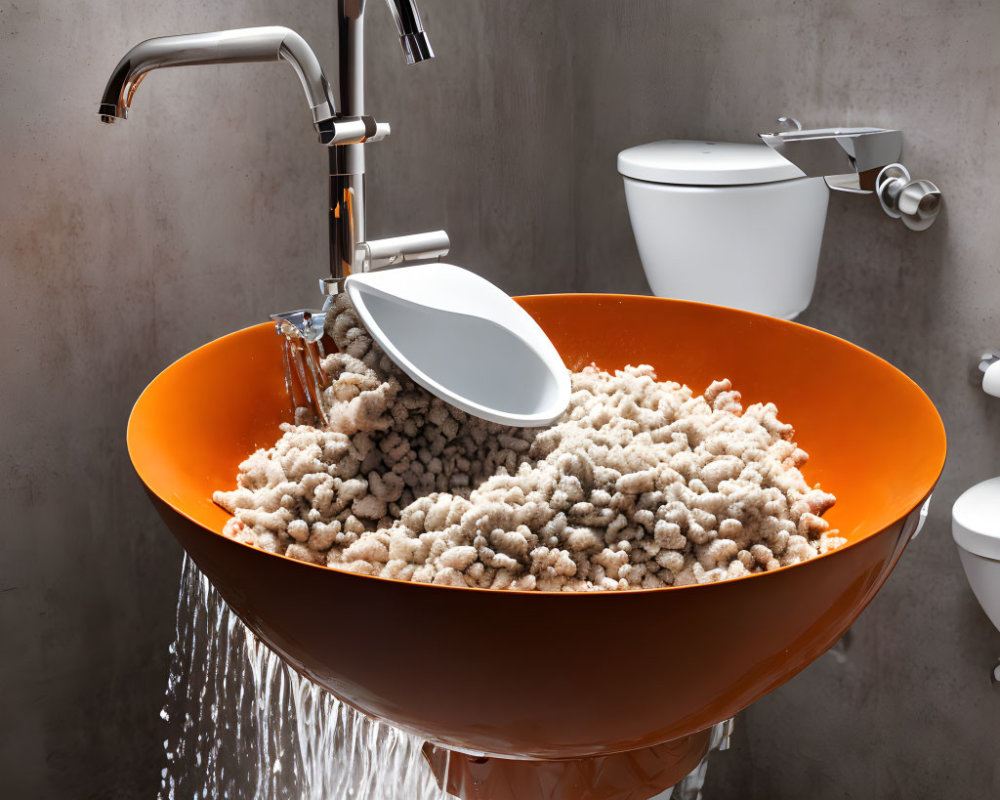 Orange Basin Overflowing with Suds in Modern Bathroom