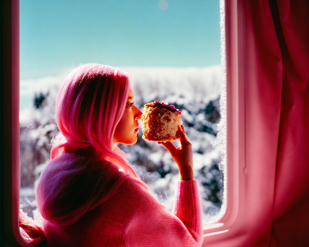 Pink-haired woman in pink sweater looks out window at snowy landscape with sandwich.