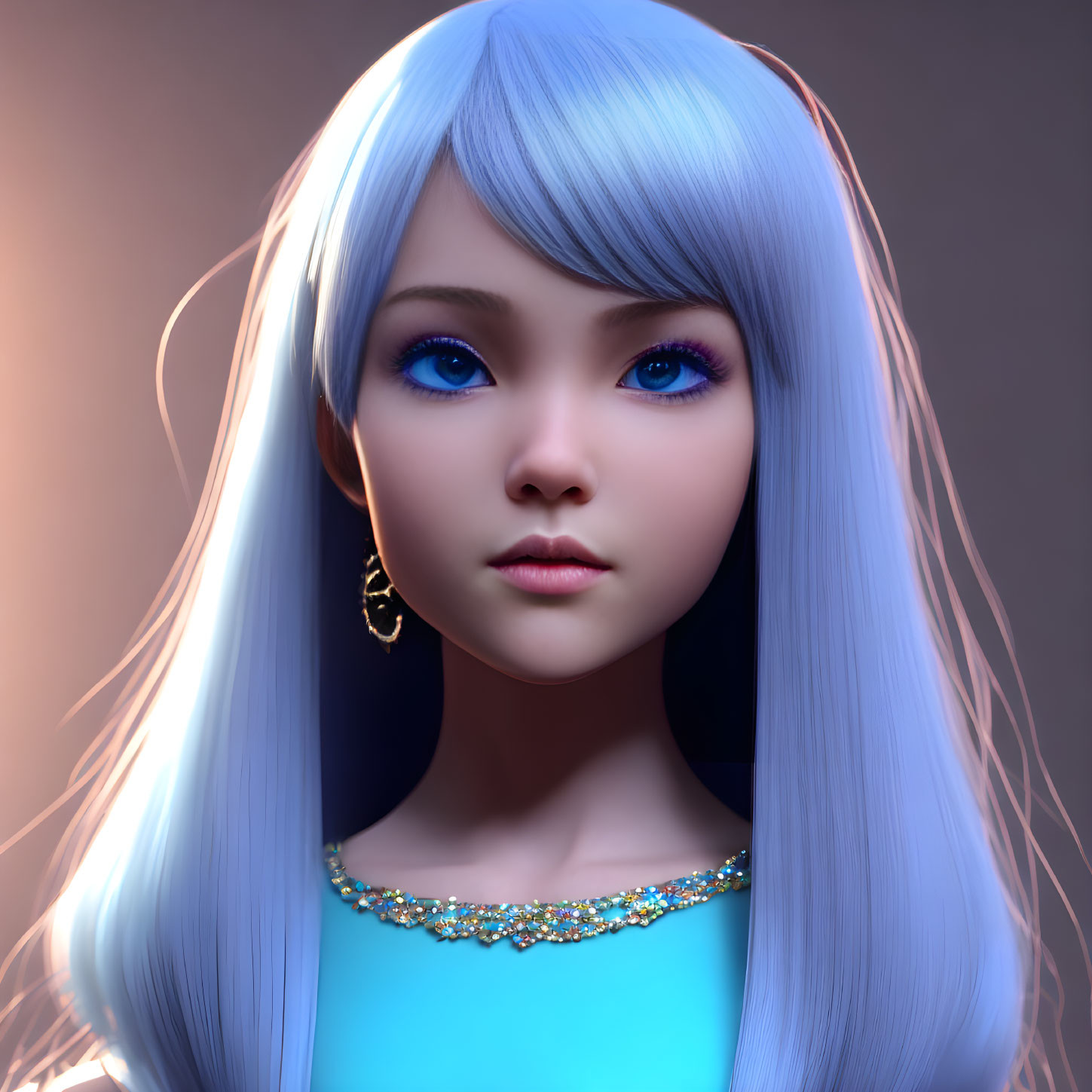 Female character with long blue hair and turquoise necklace in digital art