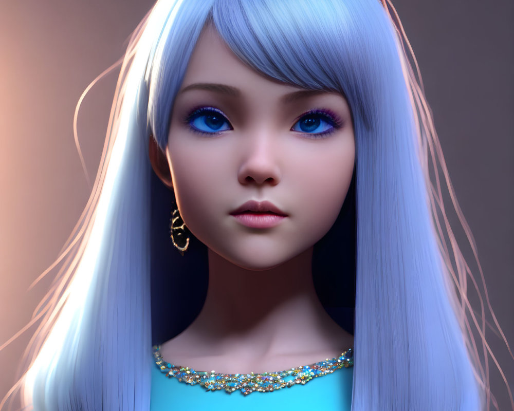 Female character with long blue hair and turquoise necklace in digital art