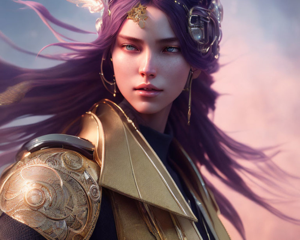 Digital artwork featuring female character with purple hair, golden armor, and mythical theme