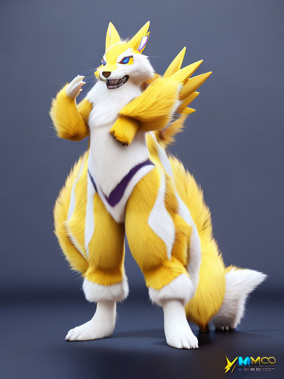 Yellow and White Fox with Purple Eyes and Multiple Tails on Gray Background