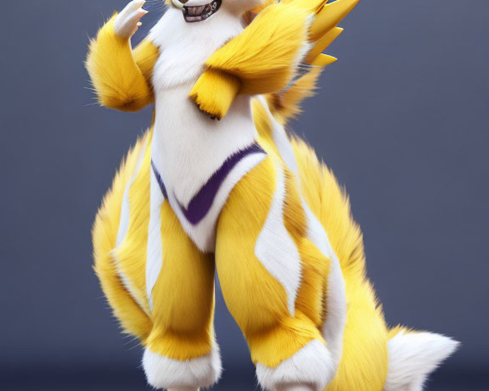 Yellow and White Fox with Purple Eyes and Multiple Tails on Gray Background