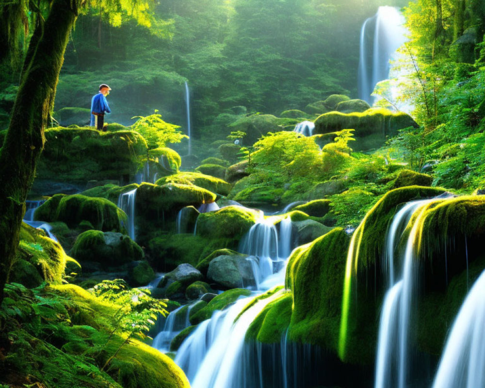 Scenic view of person on lush green outcrop with waterfalls and moss-covered rocks