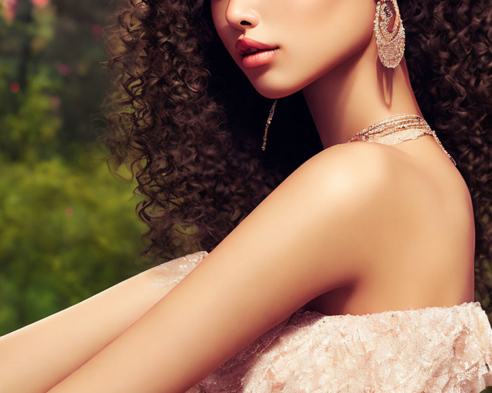 Curly-Haired Woman in Lace Dress with Sparkling Earrings Portrait