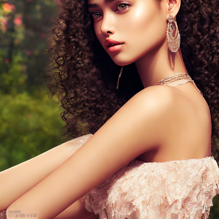 Curly-Haired Woman in Lace Dress with Sparkling Earrings Portrait