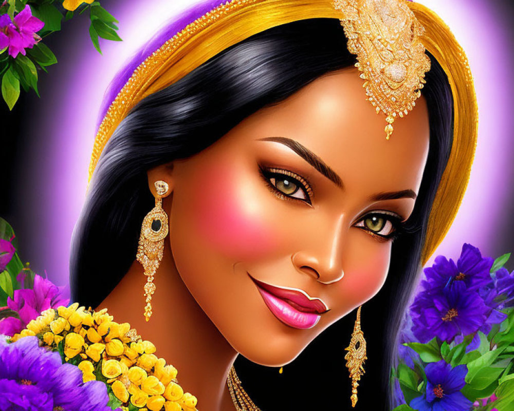 Smiling woman with golden jewelry in colorful floral setting