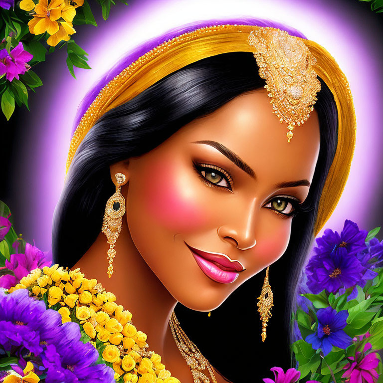 Smiling woman with golden jewelry in colorful floral setting