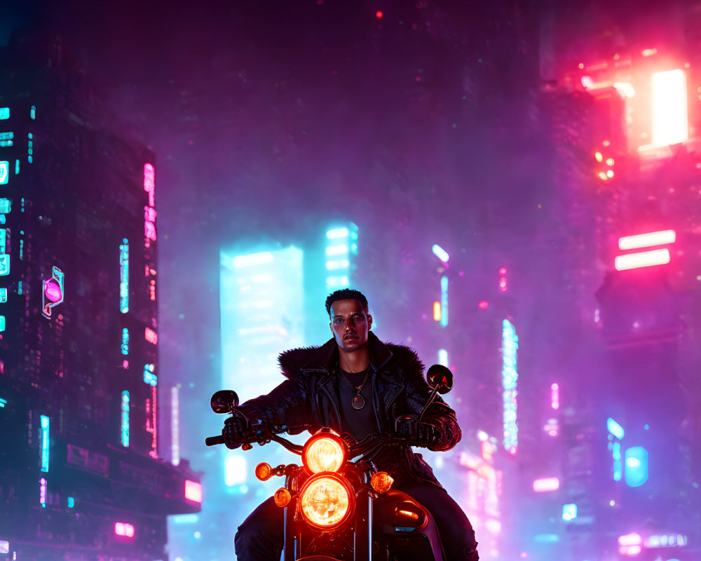 Man on Motorcycle in Neon-Lit Futuristic City at Night