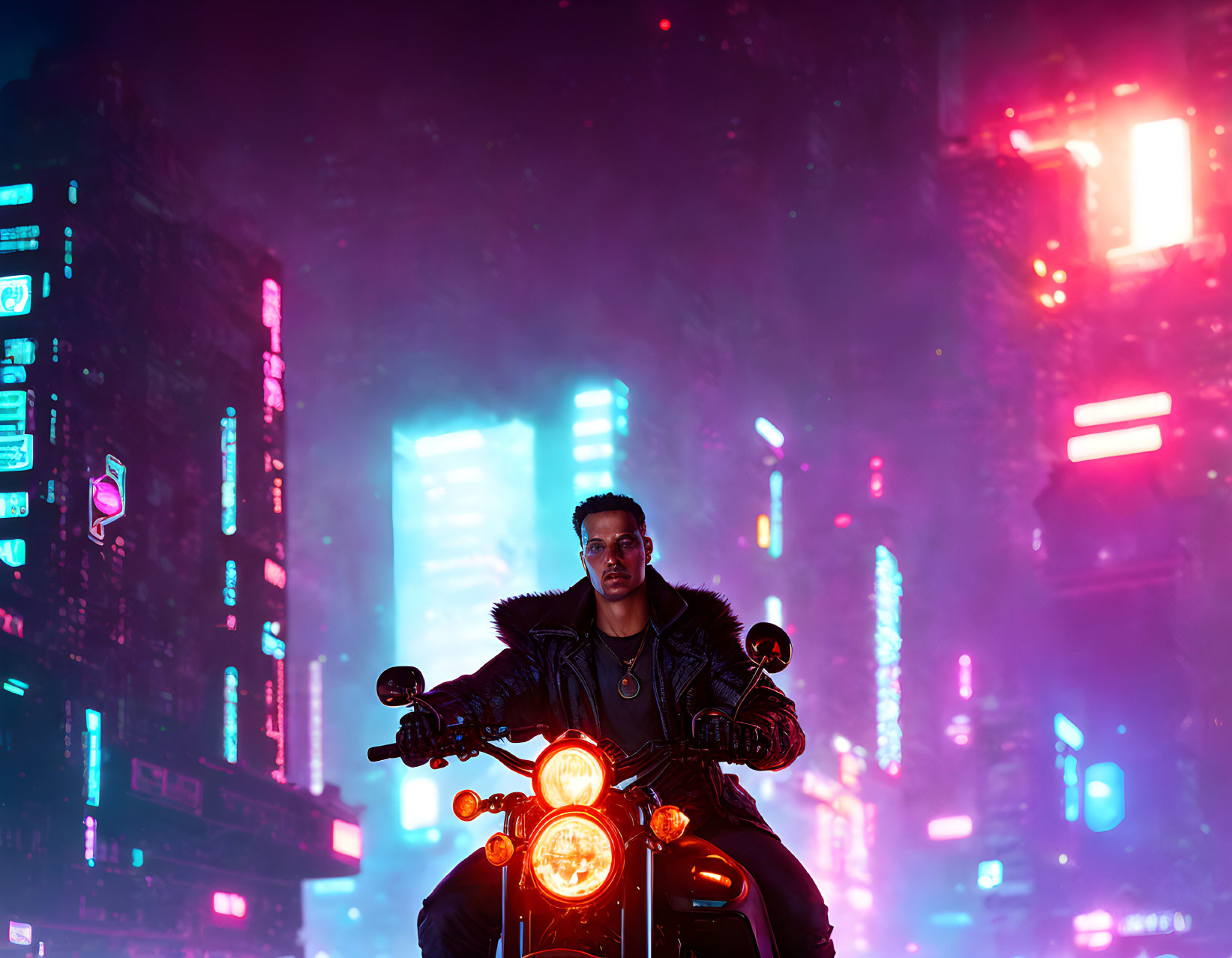 Man on Motorcycle in Neon-Lit Futuristic City at Night