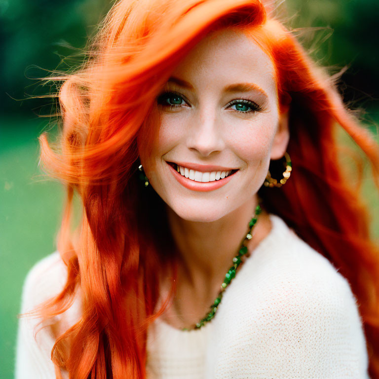 Smiling woman with red hair and green eyes in white sweater and jewelry on green background