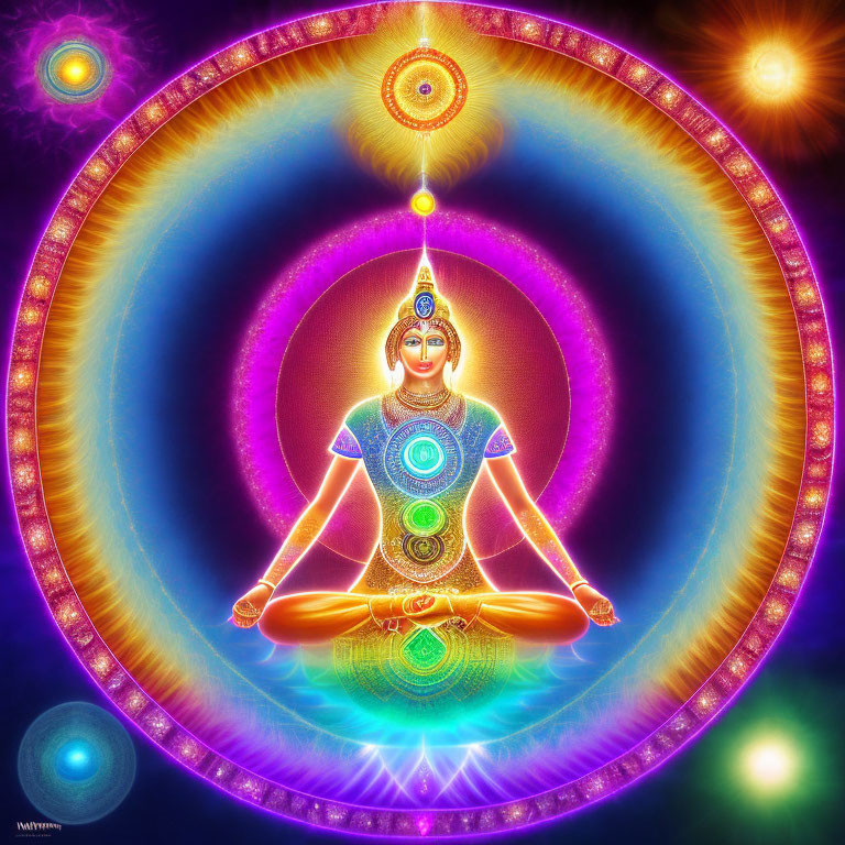 Colorful digital artwork featuring meditative figure with chakra symbols and cosmic motifs