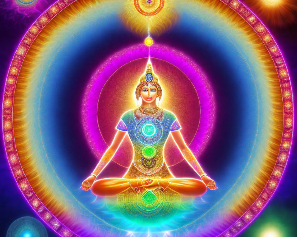 Colorful digital artwork featuring meditative figure with chakra symbols and cosmic motifs