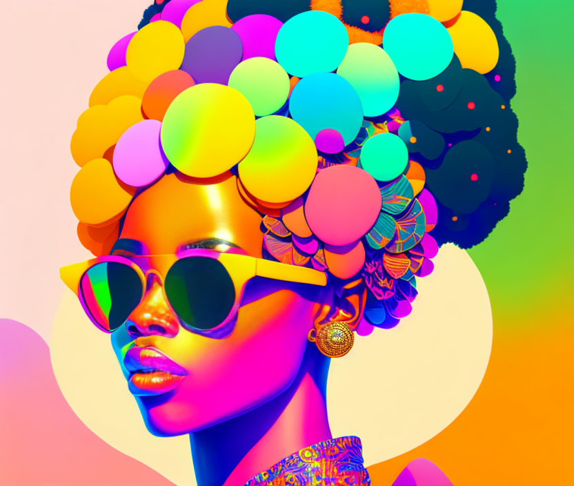 Colorful digital artwork: Woman with spheres in hair, sunglasses, bold makeup