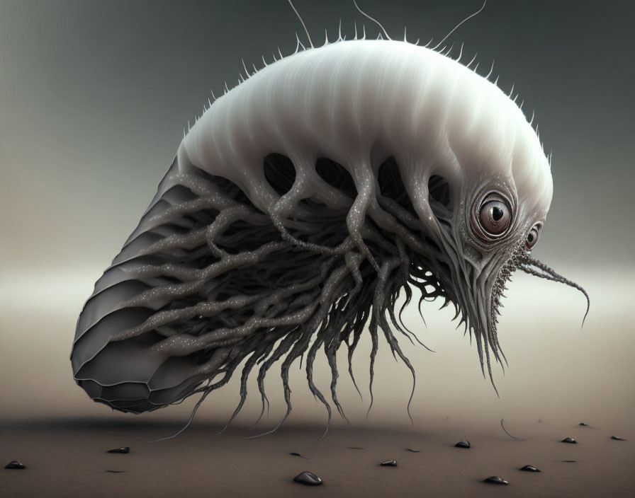 Unique surreal creature with eye and tentacles in barren landscape