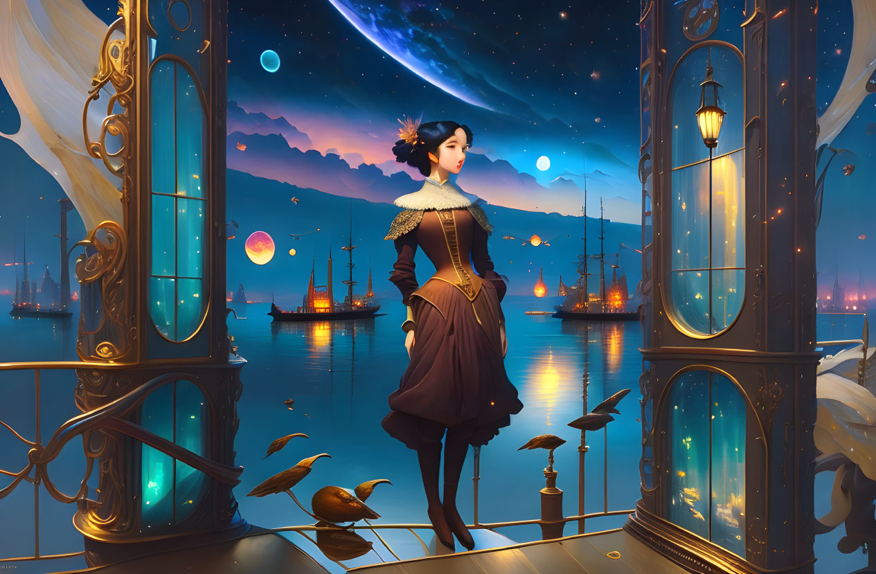 Regal woman in historical dress on balcony overlooking harbor at night