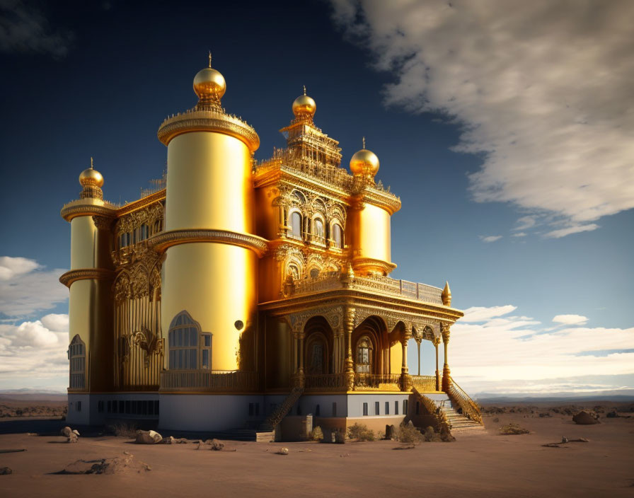 Opulent Golden Palace in Desert Landscape under Cloudy Sky