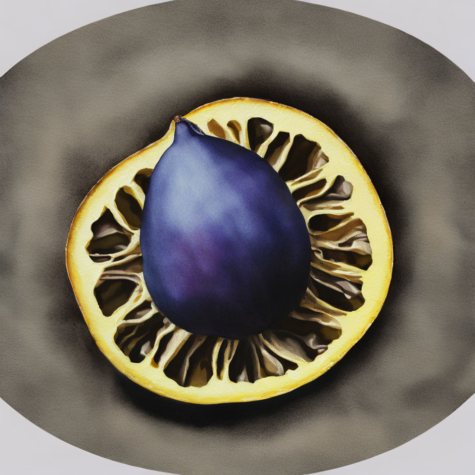 Surreal fig fruit merged with lemon slice on grey backdrop