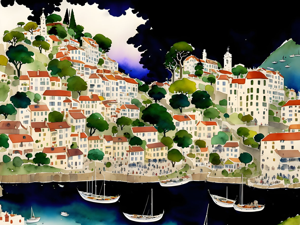 Vibrant Coastal Town Illustration with Buildings, Boats, and Trees