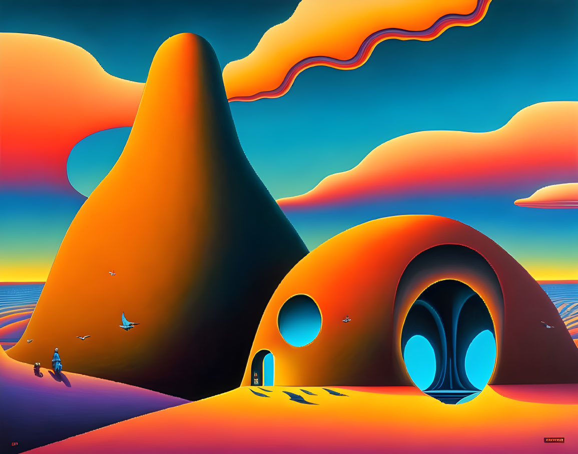 Surreal orange hills, circular structure, figure, birds, and vibrant sky in a surreal landscape