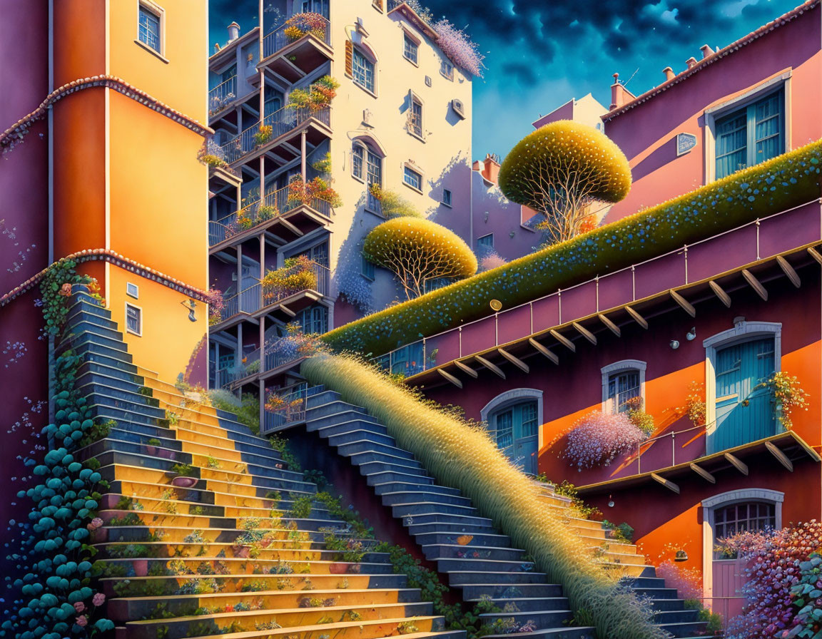 Vibrant hillside stairway with colorful buildings and surreal ambiance