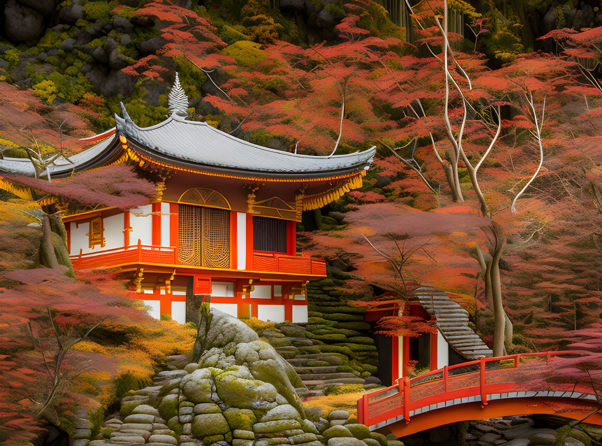 Traditional Japanese Temple with Red Bridge in Autumn Scene