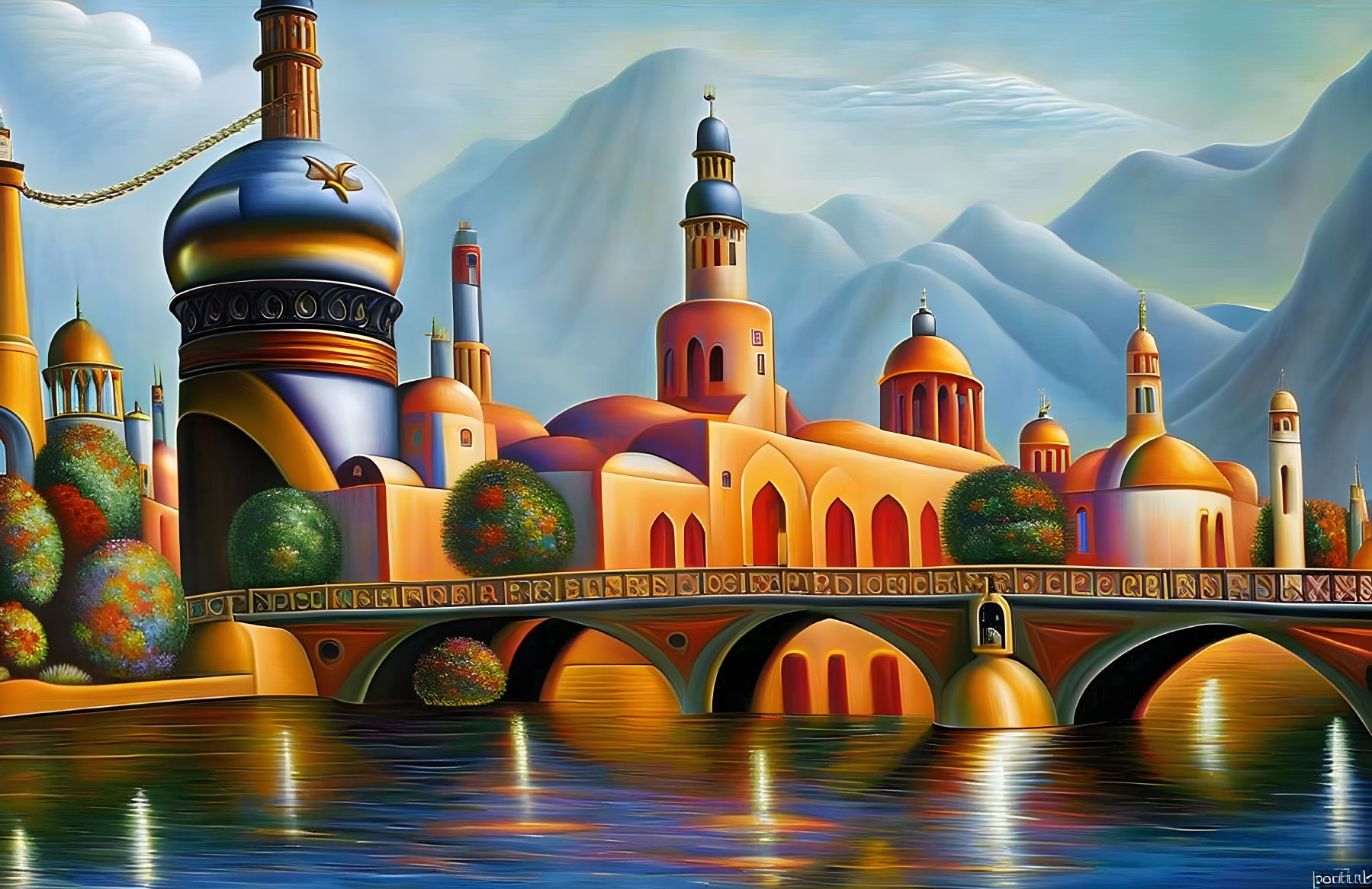 Fantastical cityscape painting with domed structures, minarets, bridge, and mountains