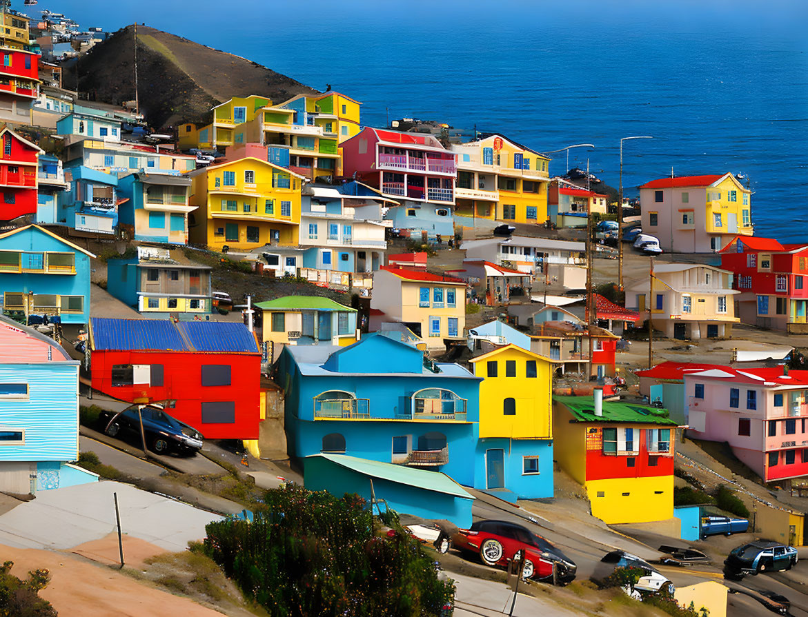 Vibrant Coastal Town: Colorful Houses on Hillside by the Sea