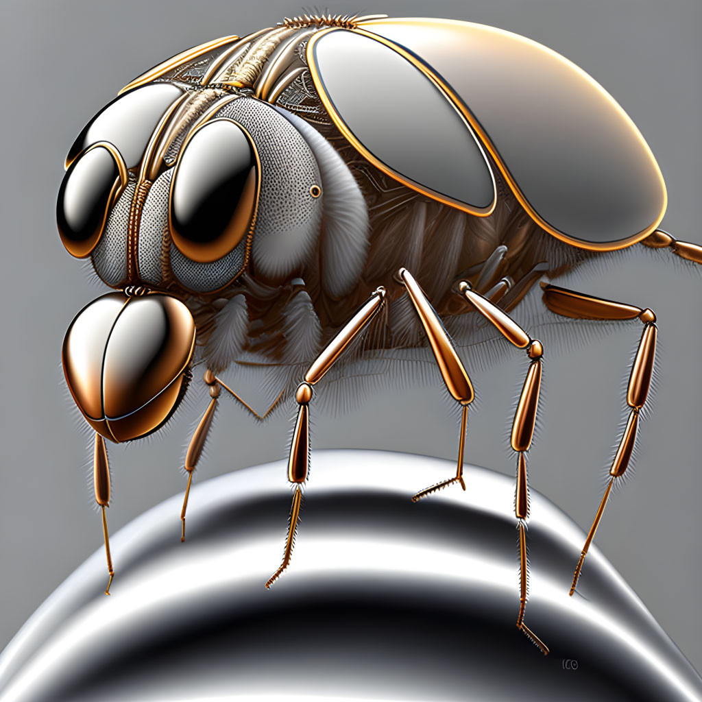 Detailed Hyper-Realistic Housefly Illustration: Metallic Textures & Anatomy