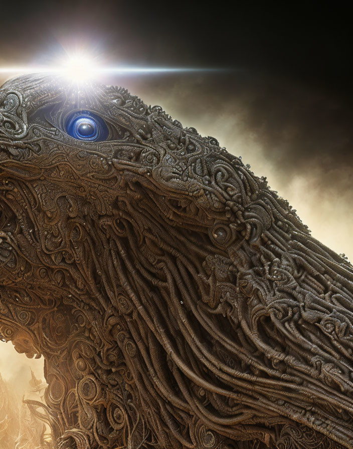 Intricate texture on mysterious figure with blue eye under sun.