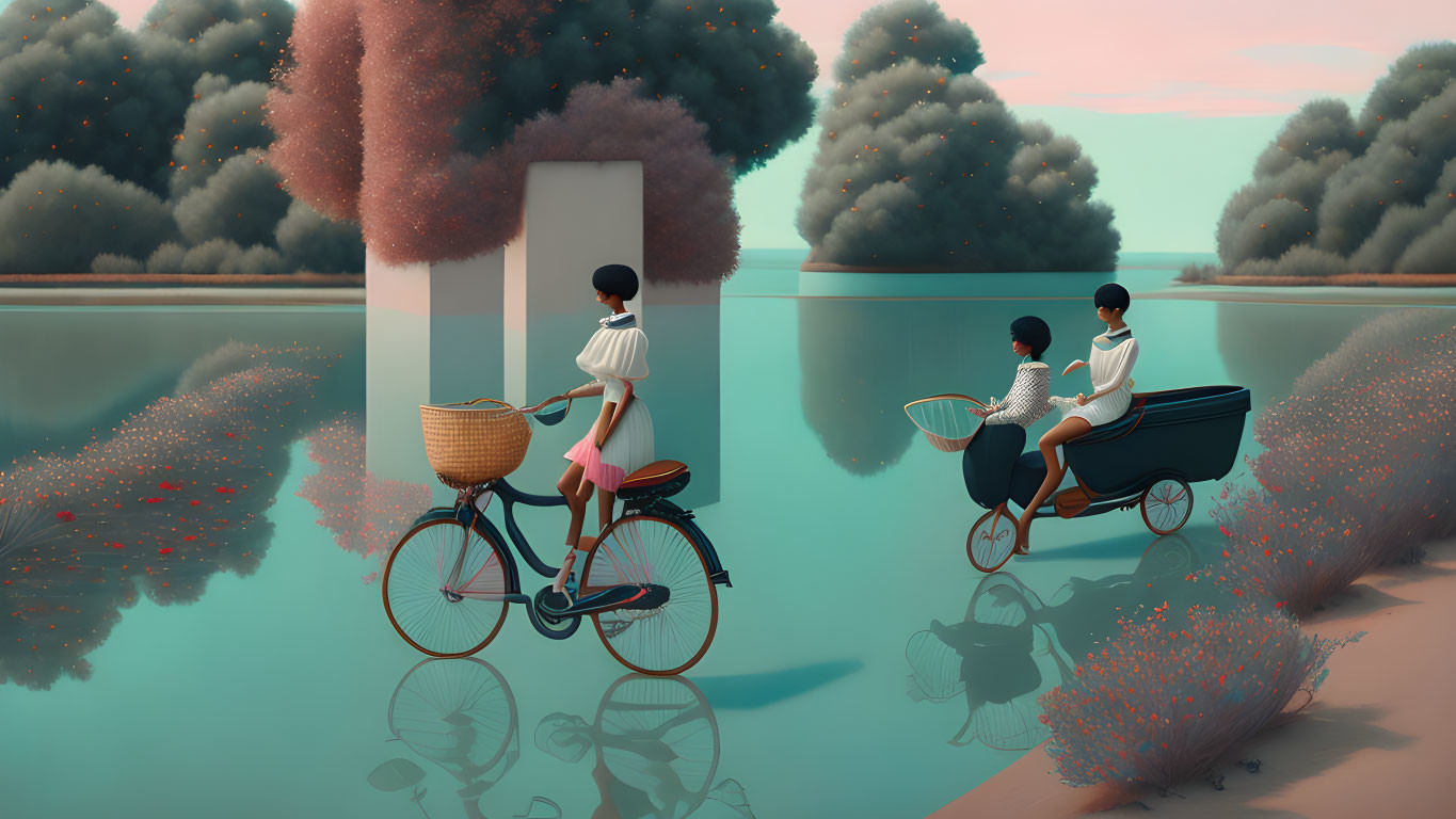 Stylized characters on bicycles by serene lake with mirror-like reflections