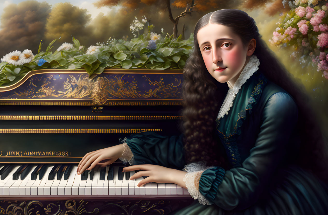 Portrait of young woman in vintage green dress at ornate piano