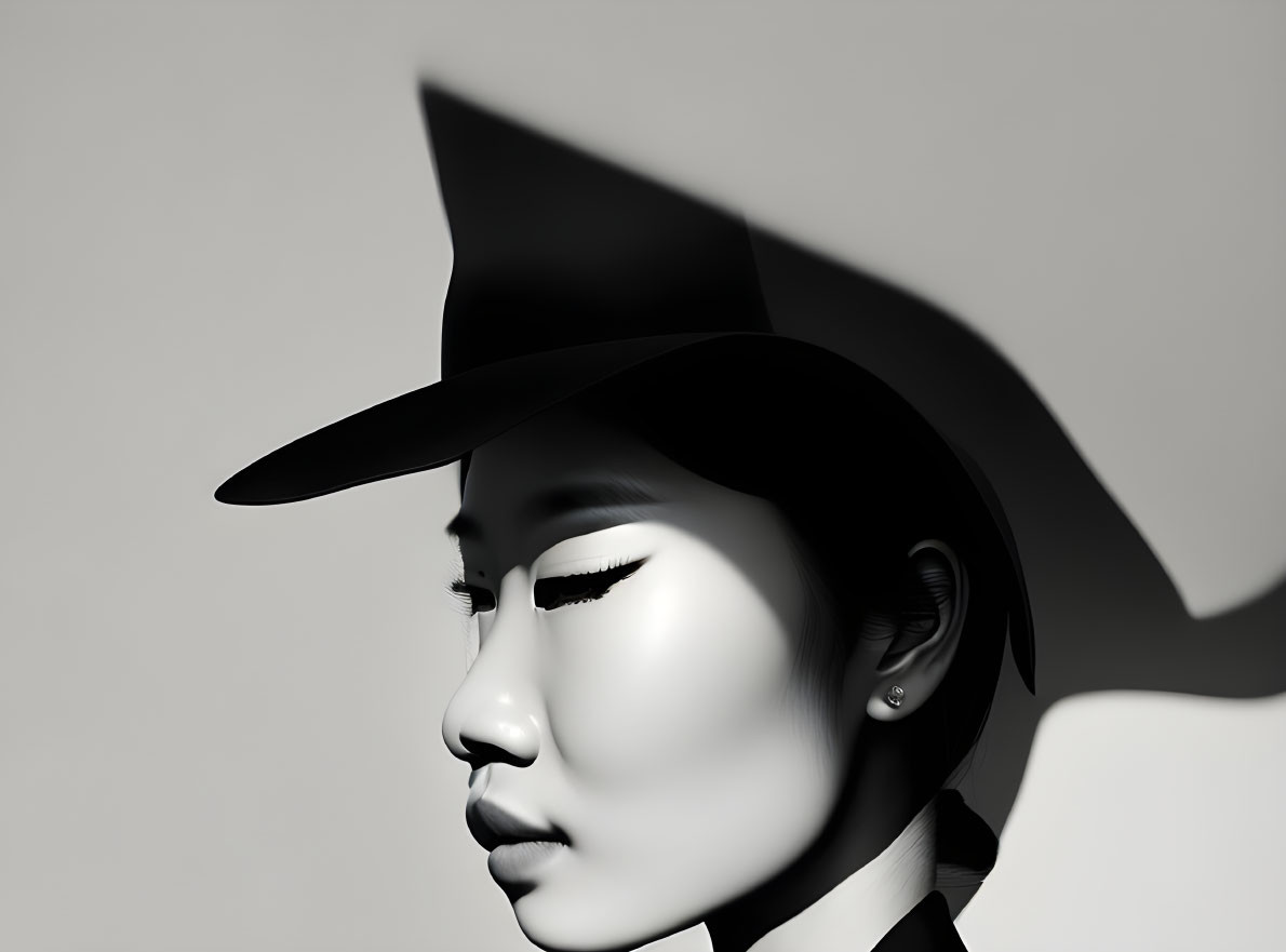 Monochrome 3D-rendered female face profile with wide-brimmed hat.