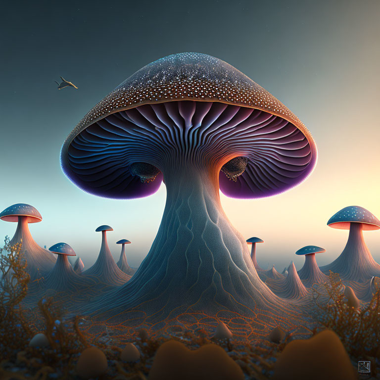 Bioluminescent mushrooms in surreal twilight landscape