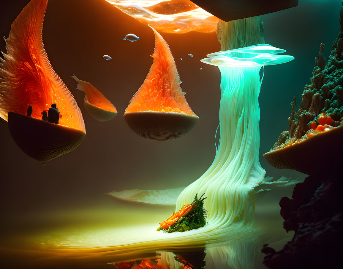 Surreal Floating Islands with Waterfalls and Jellyfish-Like Entities