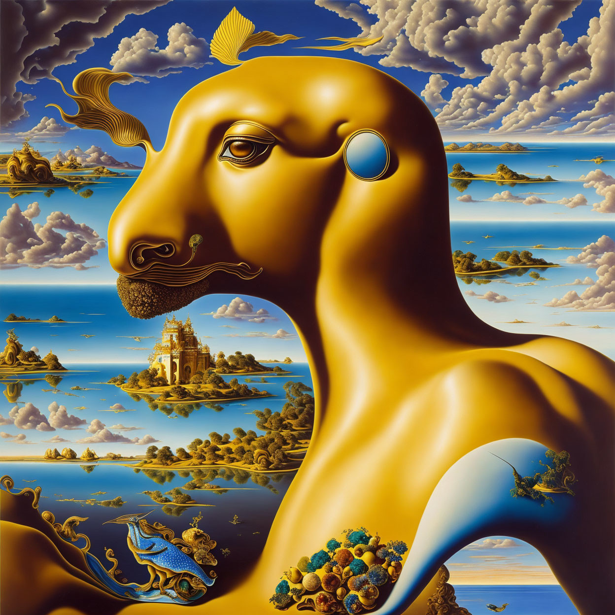 Surreal artwork: humanoid figure with golden bull's head, intricate landscapes, cloud-filled sky