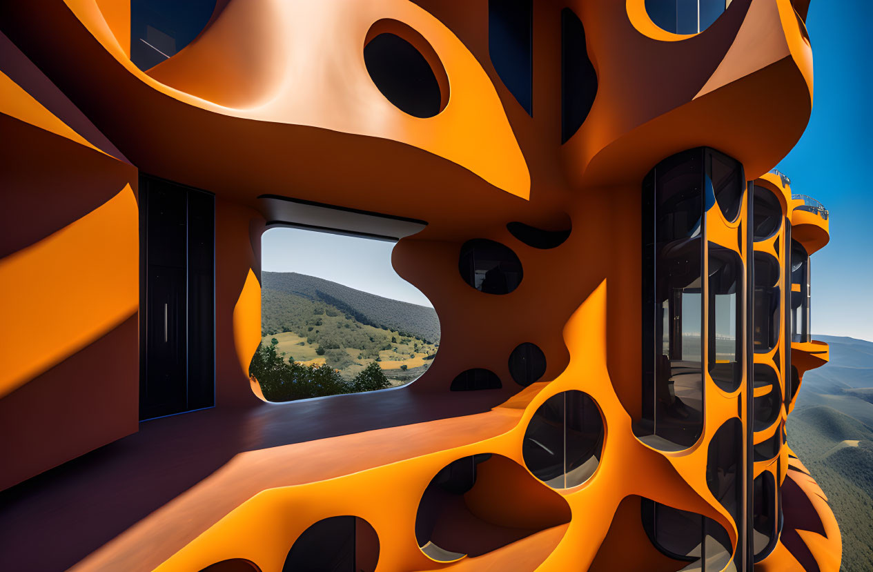 Contemporary Orange Building with Circular Windows and Scenic Hill Views