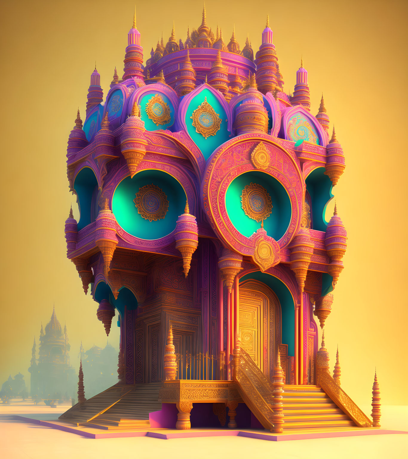 Colorful fantasy palace with intricate patterns in desert setting