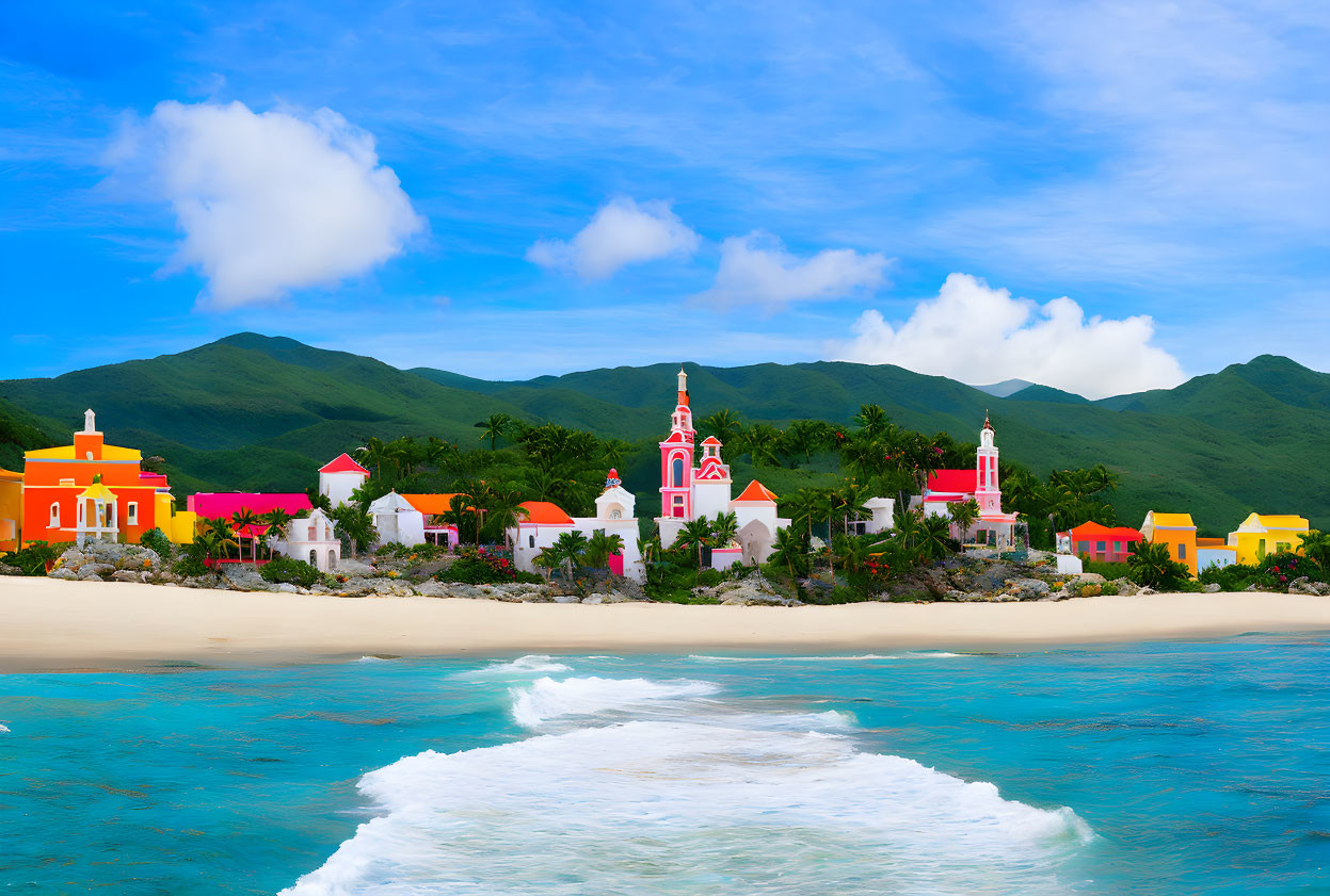 Vibrant coastal village with churches and houses nestled by green hills, sandy beach, and blue sea