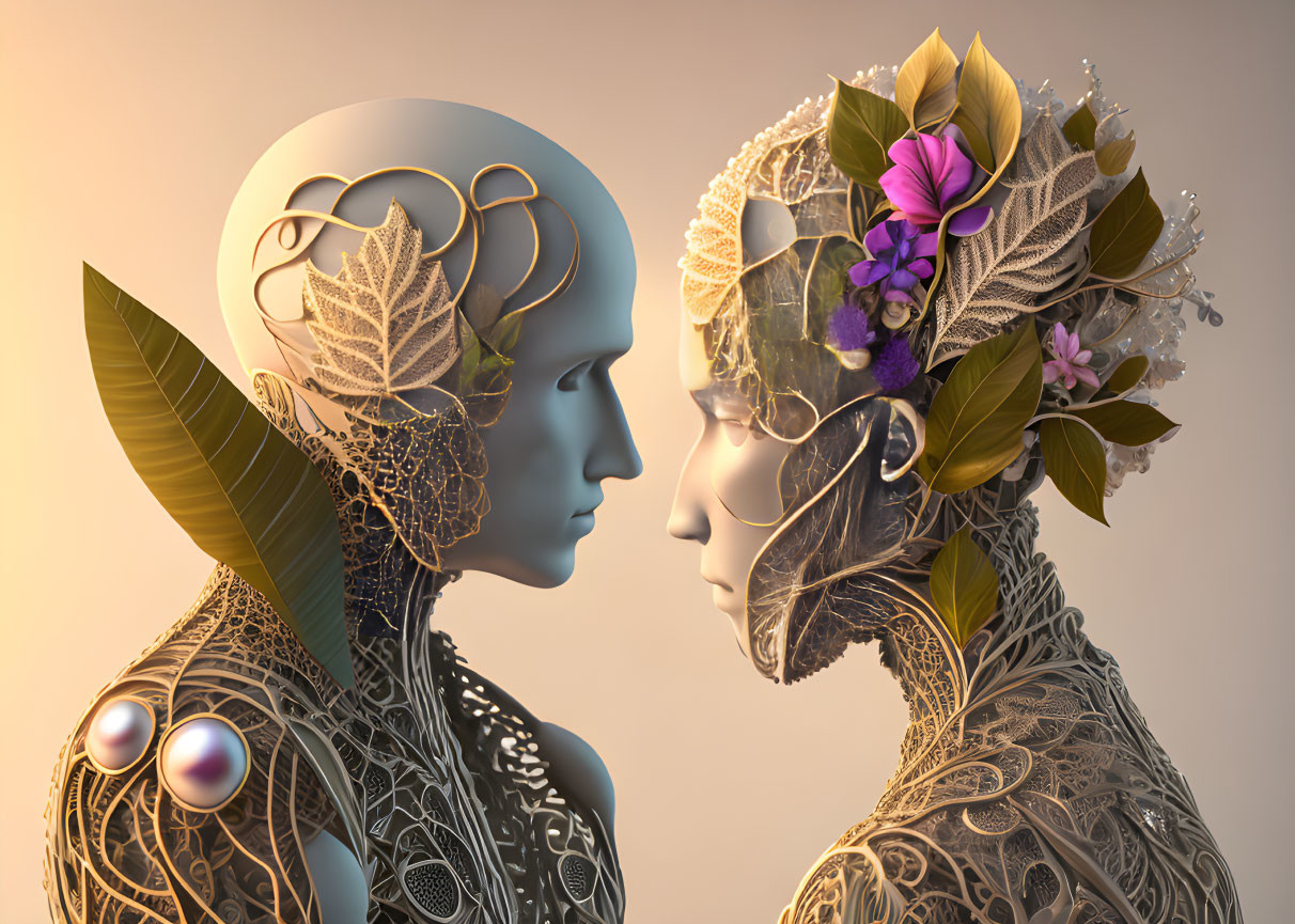 Intricately designed humanoid figures with mechanical and floral elements on warm gradient background