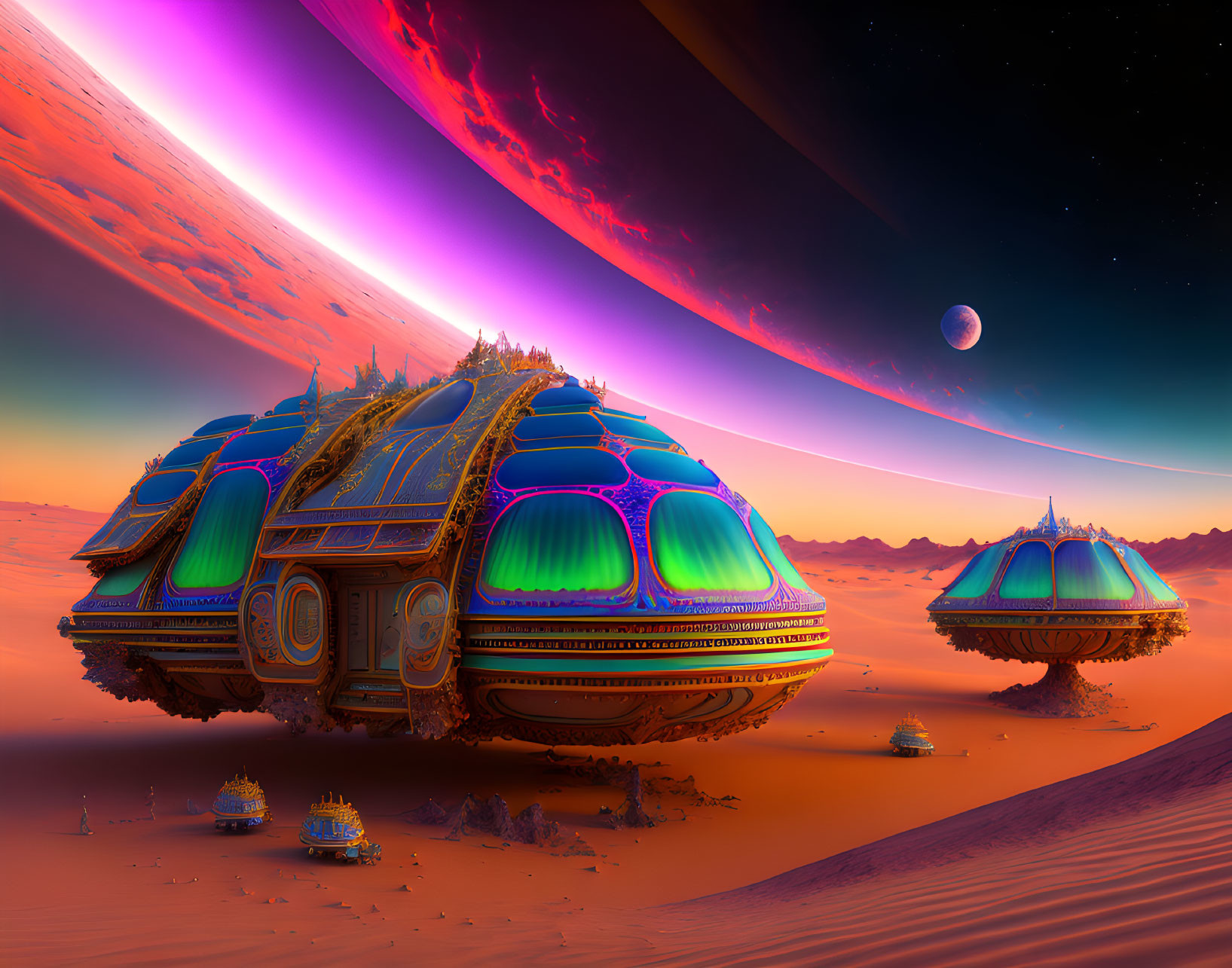 Alien city with domed structures on desert planet under gas giant