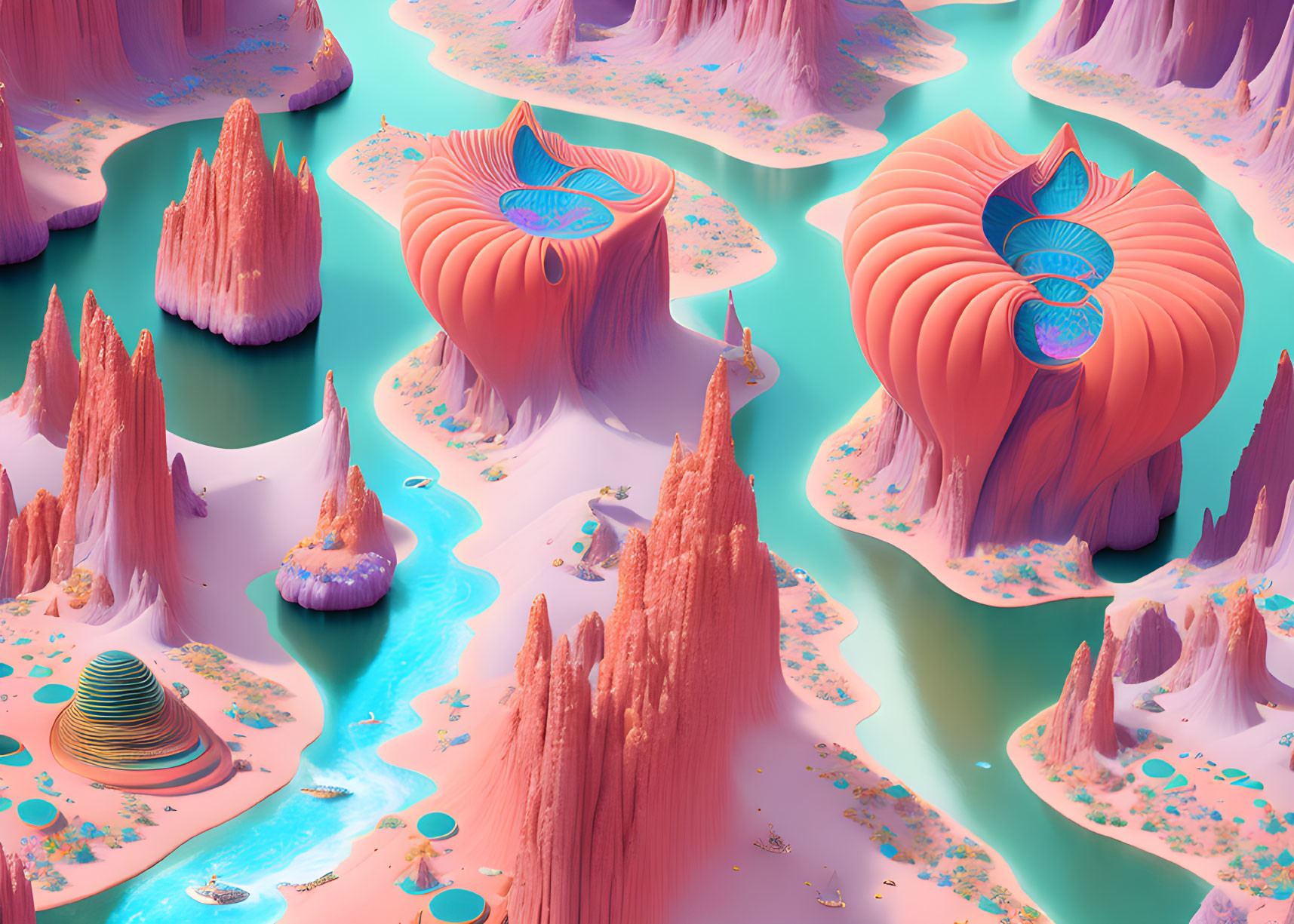 Vibrant pink and turquoise alien landscape with mushroom-like formations