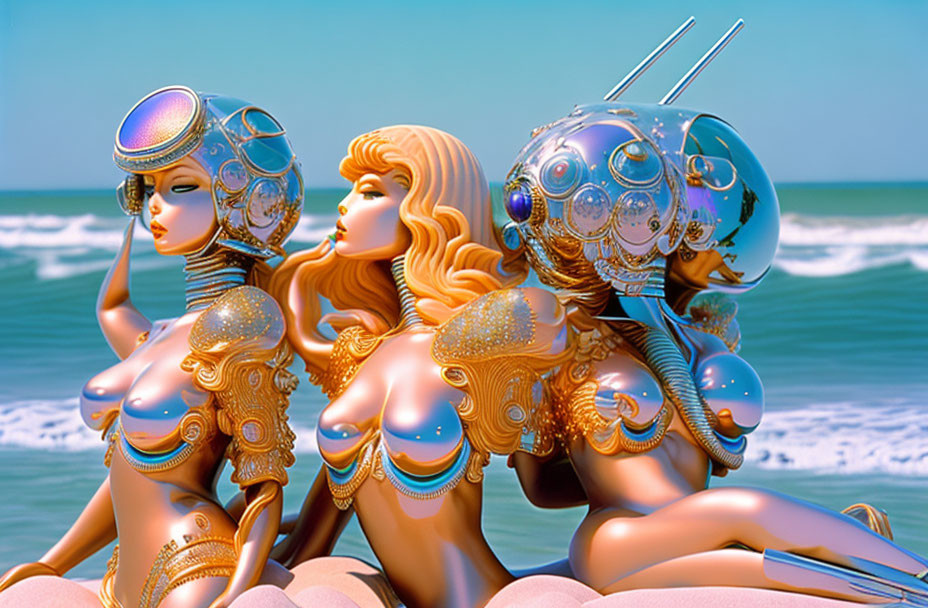 Futuristic female robots on sandy beach with ocean backdrop