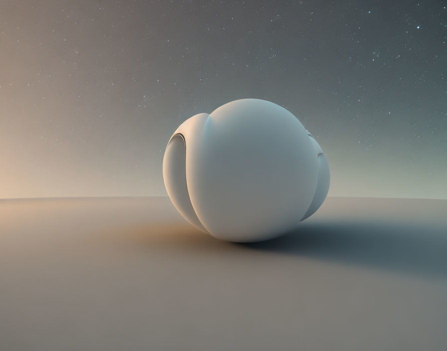 Abstract white spherical object with curved cutout on smooth surface against twilight sky with stars.