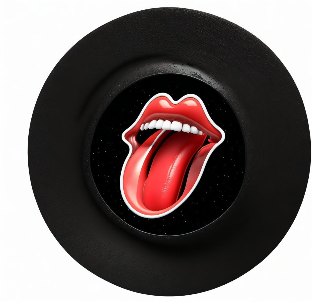 Stylized graphic of red lips and tongue on vinyl record.