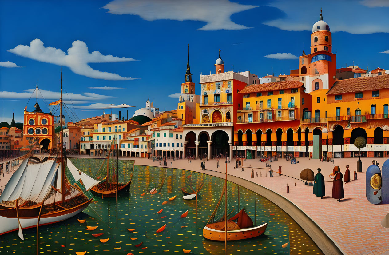 Colorful European Riverside Town Painting with People and Boats