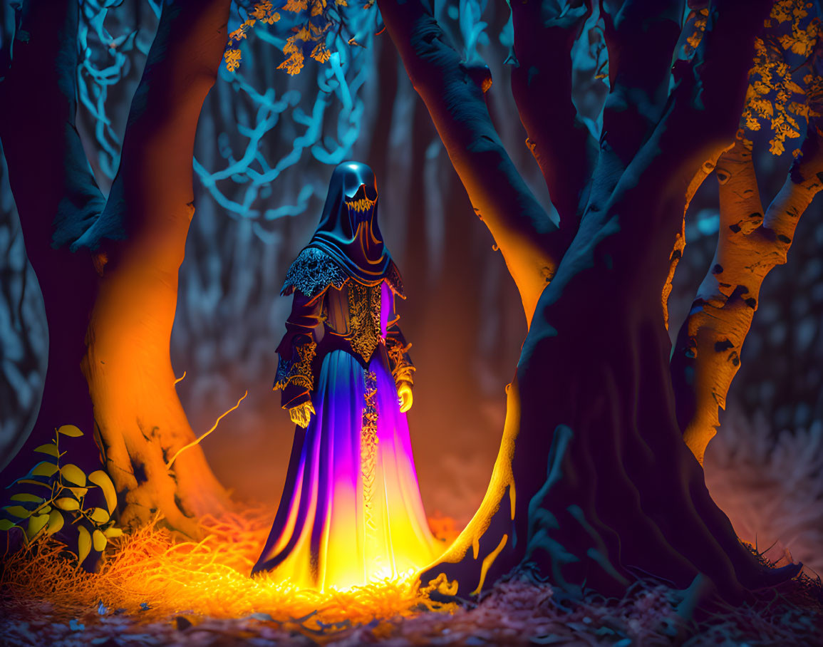 Mystical figure in glowing robe in enchanted forest with armor under orange and blue light